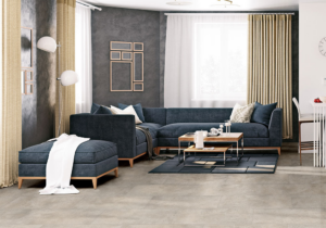 A modern living room showcasing a tile flooring installation by Carpet Warehouse and Color Tile in Coeur d'Alene, ID.