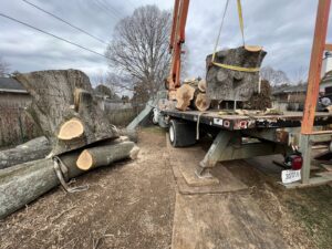 Large tree sections being loaded onto a flatbed truck with a crane by Peek Lawn Care LLC in Windy Hills, KY.