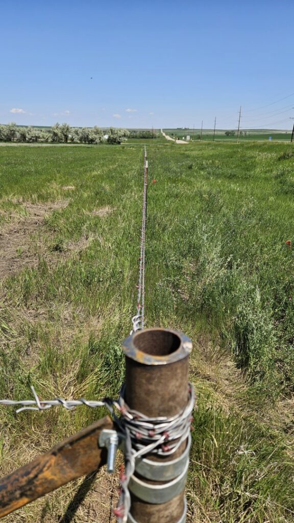A long barbed wire fence line stretching across a green field, expertly installed by Row Fencing and Services in Williston, ND.