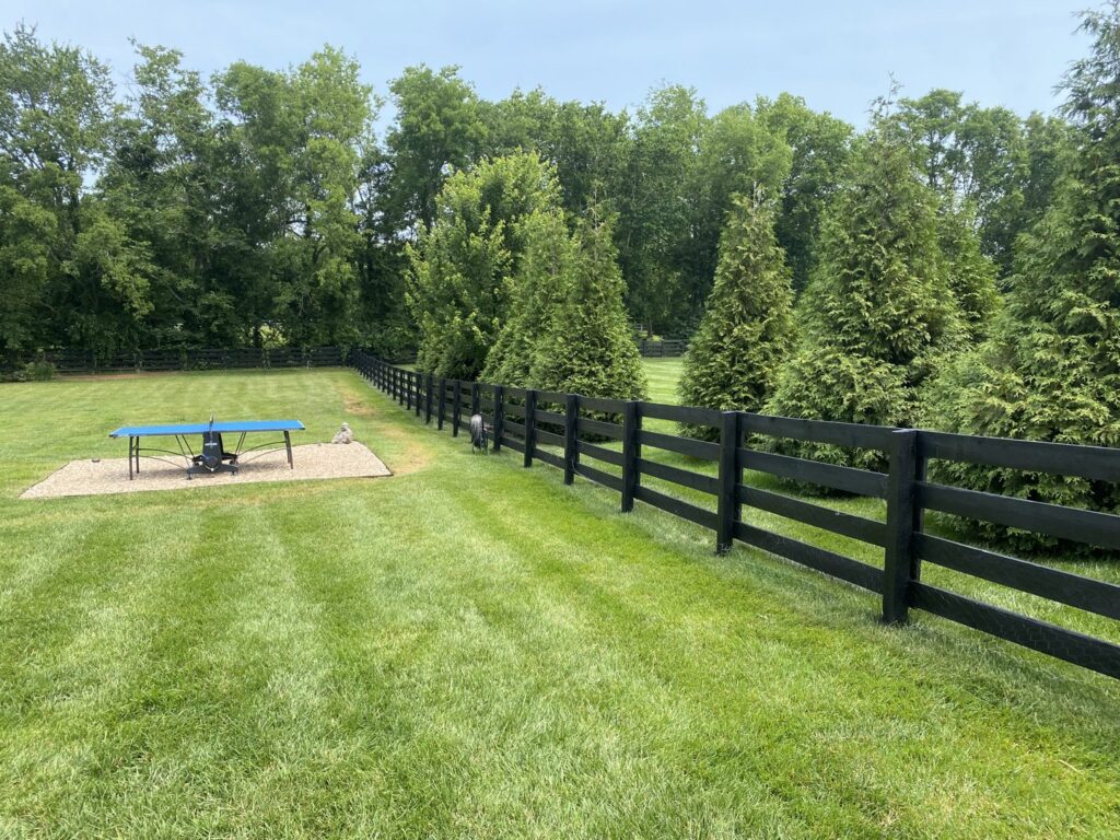 A long black wooden fence installed in a spacious backyard with trees, by Pileggi Fence Painting in Franklin, TN