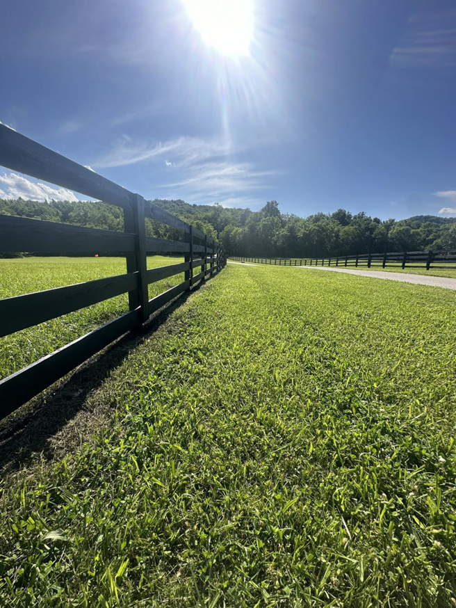 A long black wooden fence stretching across a green field in a rural setting by Pileggi Fence Painting in Franklin, TN