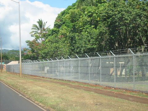 A long chain-link fence with barbed wire installed along a road by David's Fencing Inc. in Waipahu, HI.