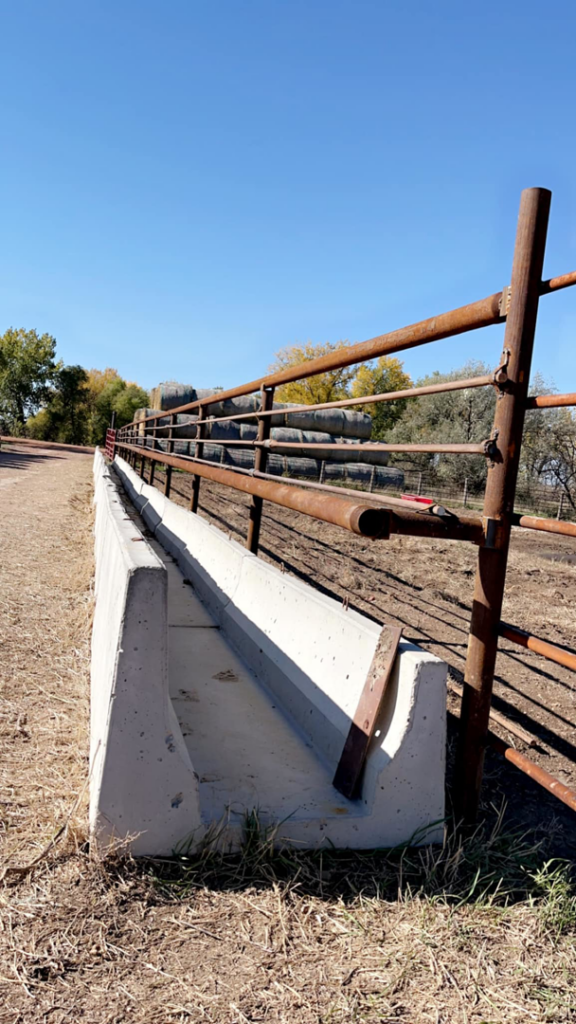 A long, sturdy metal fence line running alongside a concrete feed bunk, built by Bighorn Fencing in Williston, ND.