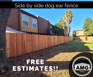 A long, newly installed side by side dog ear wood fence in a residential backyard by AMG Fencing in Sacramento, CA
