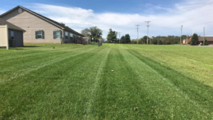 A long, wide area of grass with neat mowing stripes, maintained by Clean Cuts Lawn Care in Cavetown, MD.