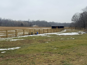 A long wooden post and rail fence installed in a snowy field by Richards Fencing in Lynnville, TN