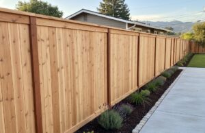 A long wooden privacy fence installed along a residential driveway by Horizon Fence & Custom Gates, Inc. in Orangevale, CA.