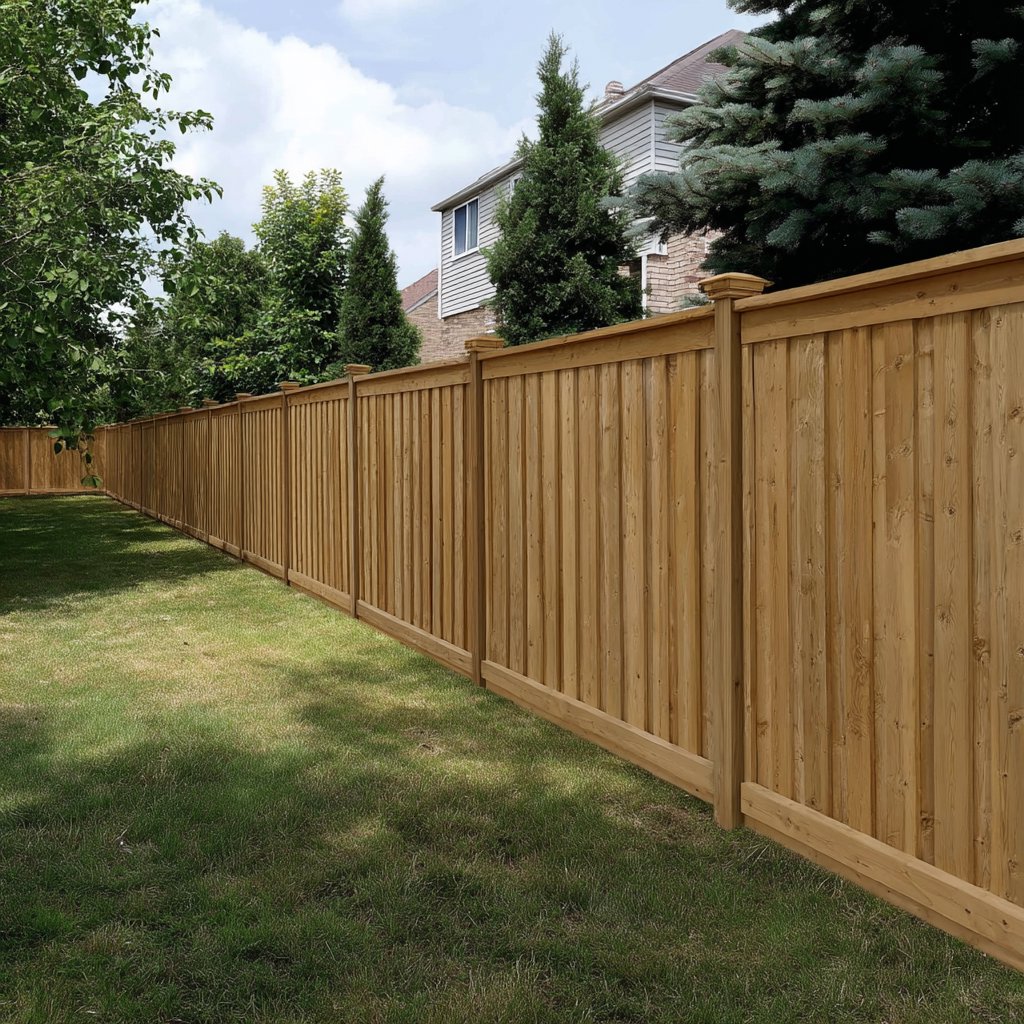 A long wooden privacy fence installed in a residential backyard by Roanoke Fence Company in Roanoke, VA.