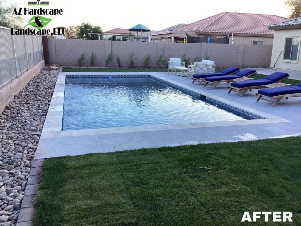 A lush green lawn next to a newly installed swimming pool, completed by AZ Hardscape & Landscape LLC in Phoenix, AZ.