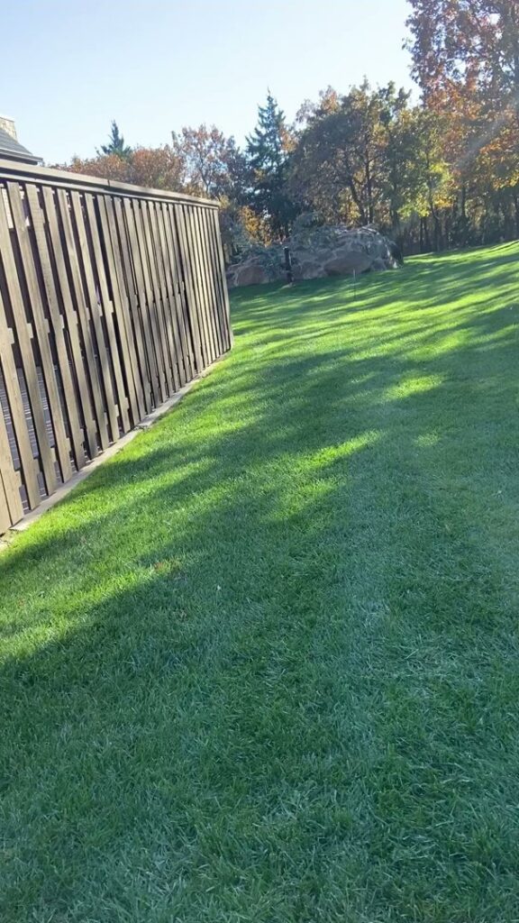 A lush, well-maintained green lawn next to a residential building, cared for by Perez Lawn Care llc in Oklahoma City, OK
