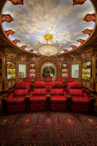 A luxurious home theater featuring a custom patterned carpet, expertly installed by Ko-Z-Craft in Los Angeles, CA.