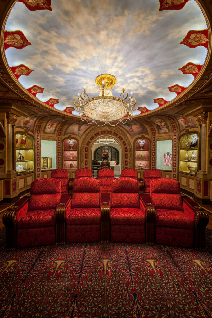 A luxurious home theater featuring a custom patterned carpet, expertly installed by Ko-Z-Craft in Los Angeles, CA.