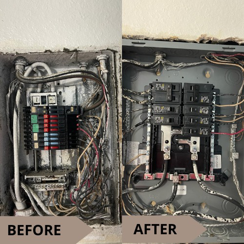 Before and after of a main electrical panel replacement by Electro Flash Services LLC in Denver, CO