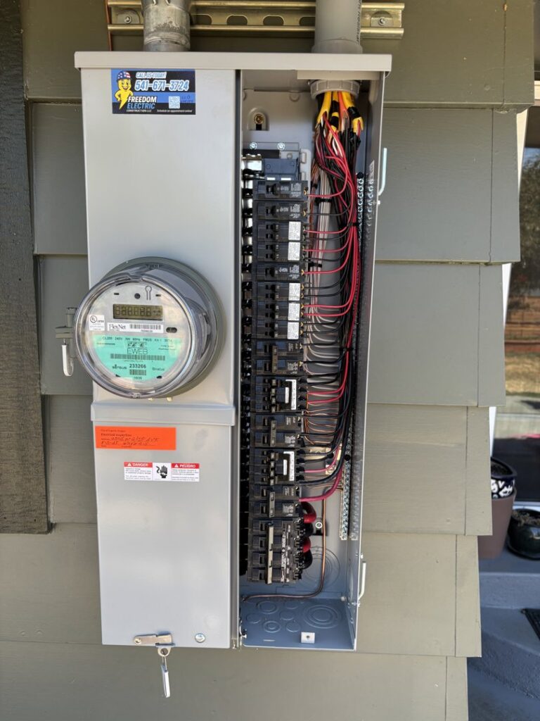 A main electrical service panel and meter with a Freedom Electric Construction, LLC sticker, installed in Eugene, OR.