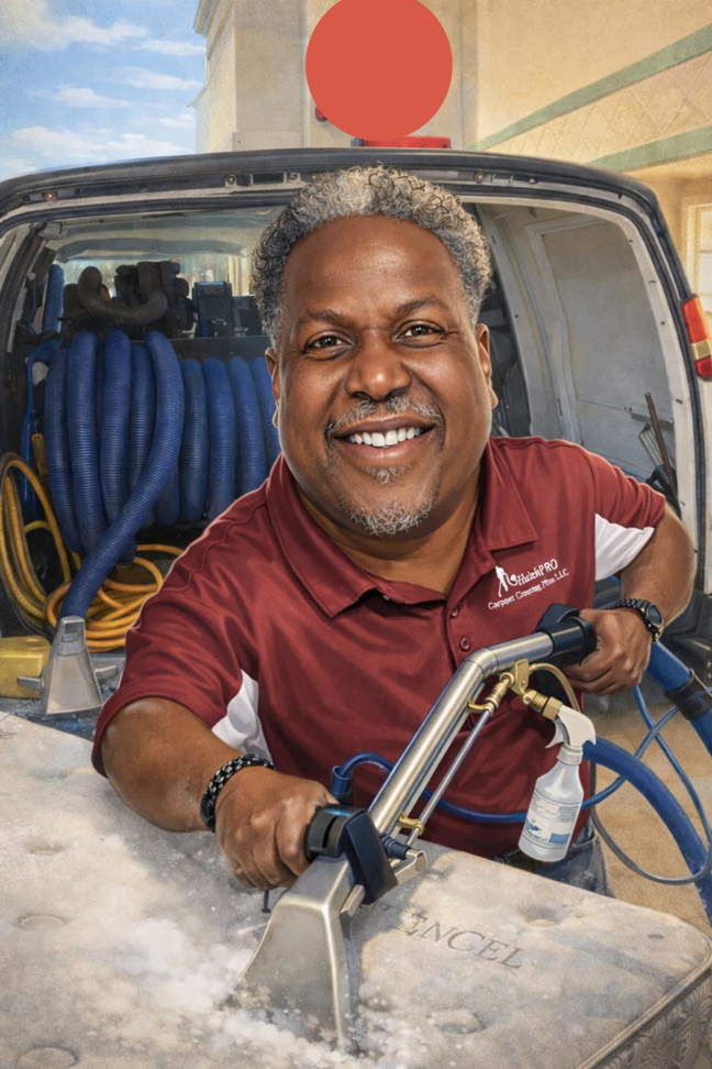 A smiling man cleaning a mattress with professional equipment, representing HutchPro Carpet Cleaning Plus in Indianapolis, IN.