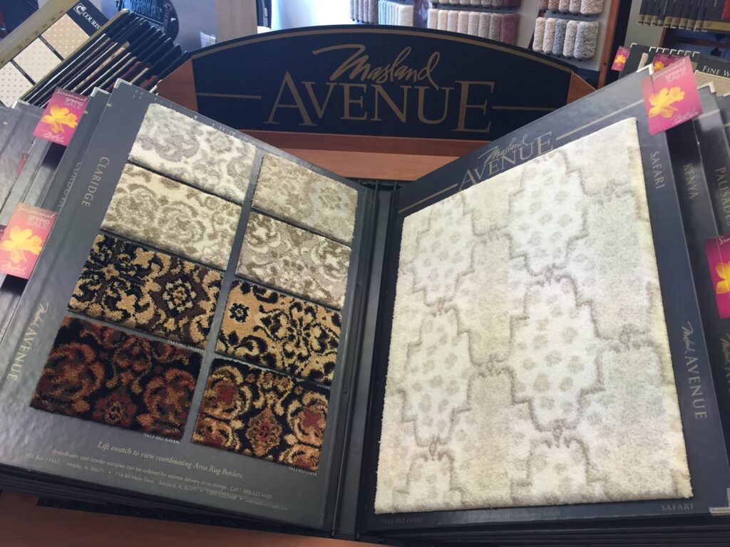 Masland Avenue carpet samples displayed in the showroom of Zakian Rug Cleaning in Philadelphia, PA
