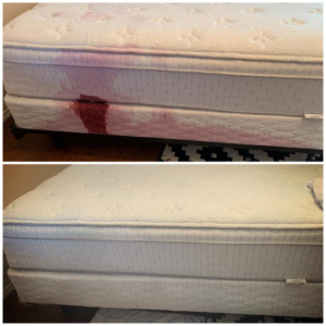 Before and after comparison of a mattress with a large stain successfully removed by Precision Chem-Dry Of DFW in North Richland Hills, TX.
