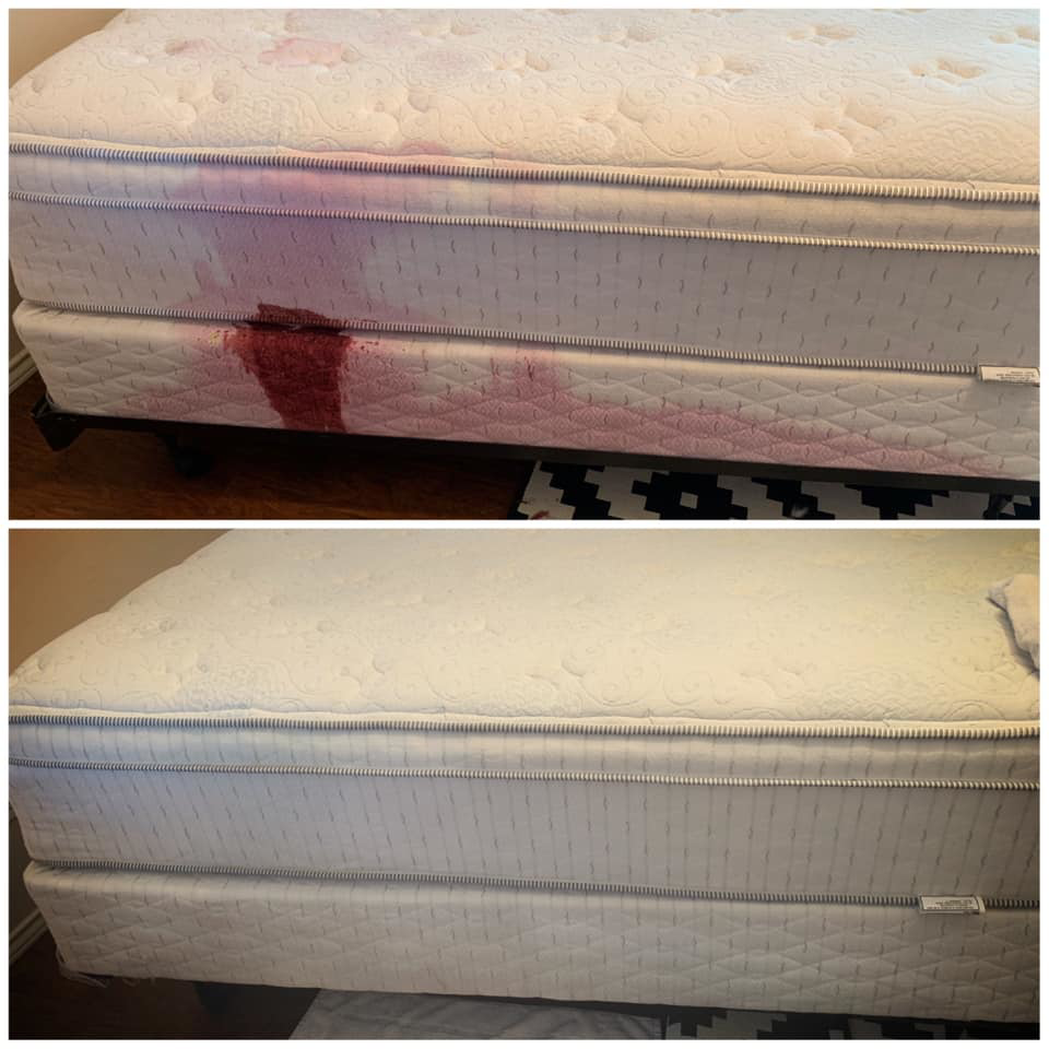 Before and after comparison of a mattress with a large stain successfully removed by Precision Chem-Dry Of DFW in North Richland Hills, TX.