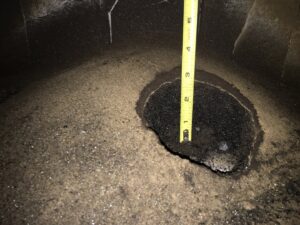 A ruler measuring creosote buildup inside a chimney flue during an inspection by Northwest Chimney in Bremerton, WA.