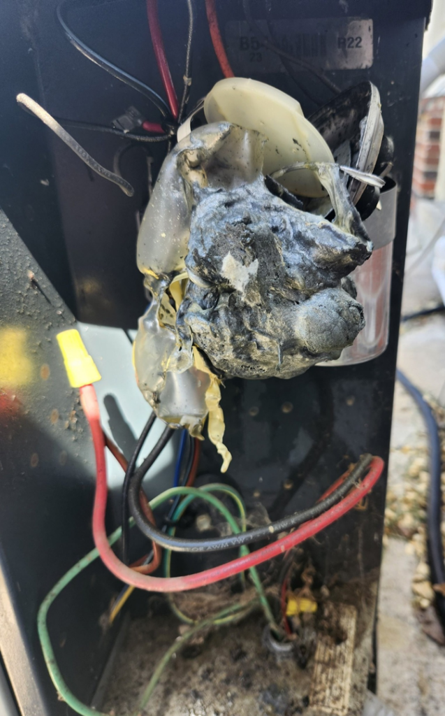Melted electrical wires and components requiring HVAC repair by R U Hot or Cold, P O Box 962.