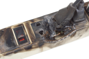 A close-up of a melted and burnt power strip, indicating an electrical hazard, addressed by BT Electric LLC in Gillette, WY.