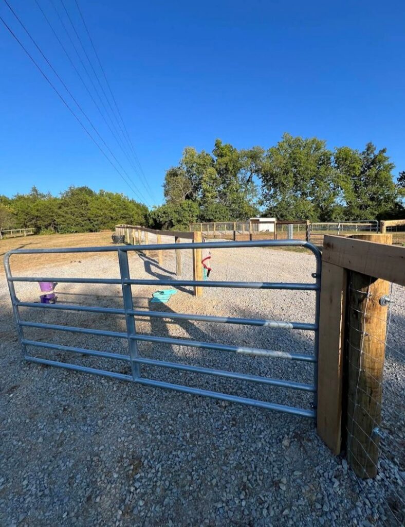 A metal gate and wooden fence posts installed in a gravel area by Stapleton Fencing LLC in Lexington, KY.