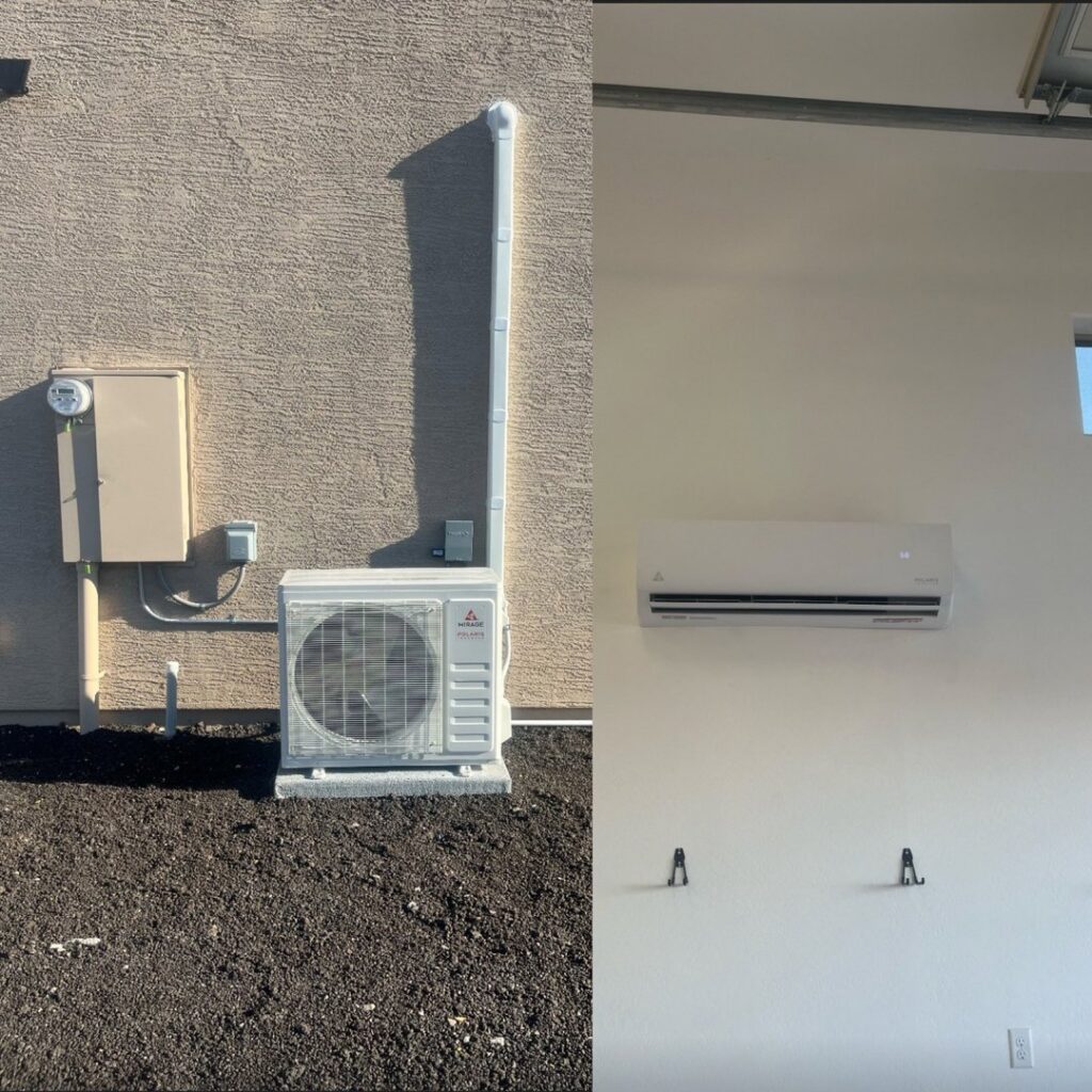 A split image showing an outdoor mini-split condenser and an indoor wall-mounted unit installed by Arizaz Heating & Cooling in Chandler, AZ.