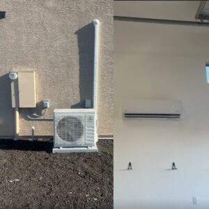 A split image showing an outdoor mini-split condenser and an indoor wall-mounted unit installed by Arizaz Heating & Cooling in Chandler, AZ.