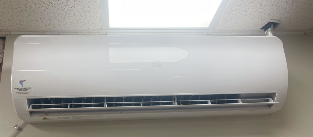 A newly installed white mini-split AC unit by Tornado Heating and Air in Tulsa, OK.