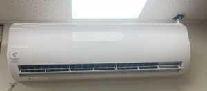 A newly installed white mini-split AC unit by Tornado Heating and Air in Tulsa, OK.