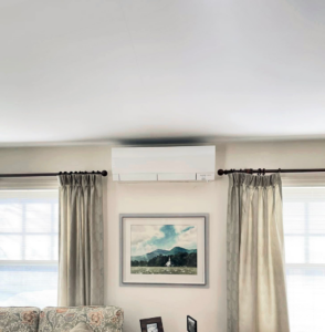 A newly installed mini-split AC unit on a wall in a home by Precision Heating and Gas Service in Derry, NH