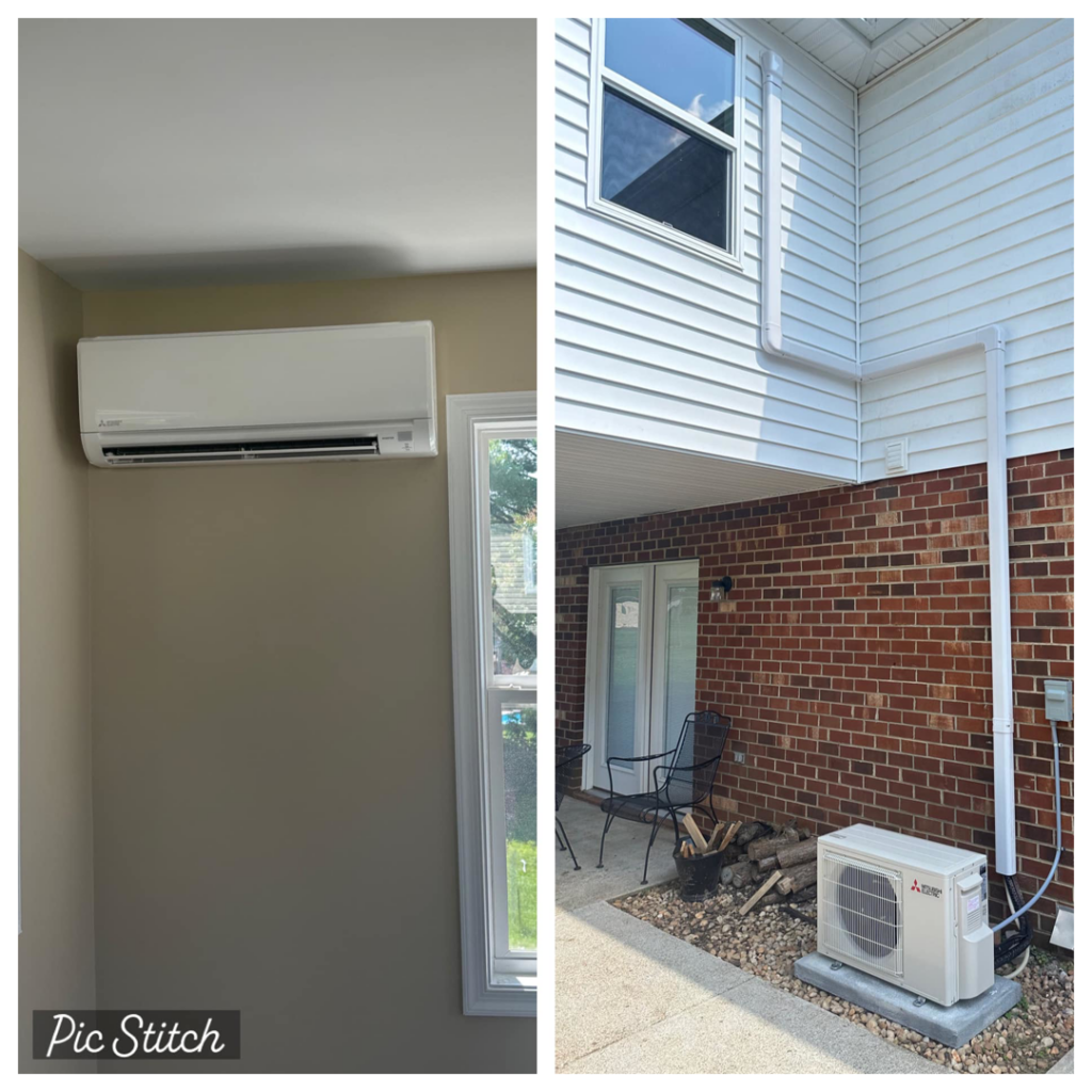 A mini-split HVAC system, with indoor and outdoor units, installed by R&R Heating and Cooling in Spokane, WA.