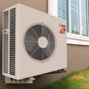 A Mitsubishi Electric mini-split air conditioning unit installed on a wall by Garden City Plumbing & Heating in Missoula, MT