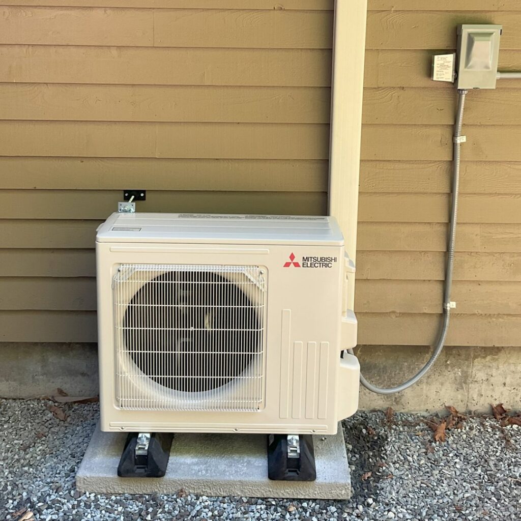 A Mitsubishi Electric mini-split outdoor unit installed by Sound Comfort Heating & Air Conditioning in Everett, WA.