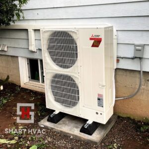 A newly installed Mitsubishi multi-split HVAC outdoor unit by Smart HVAC LLC in Vancouver, WA.