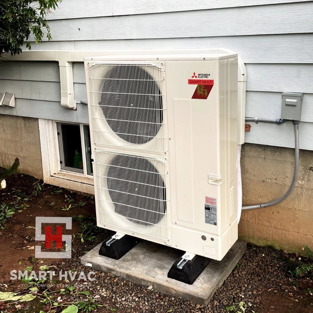 A newly installed Mitsubishi multi-split HVAC outdoor unit by Smart HVAC LLC in Vancouver, WA.