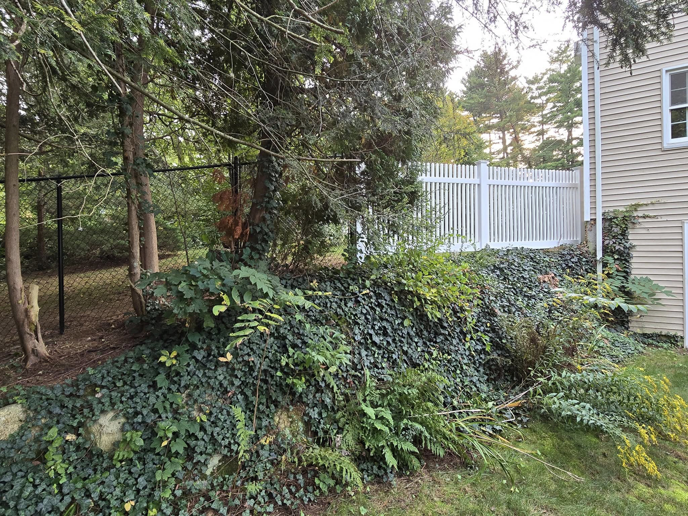 A property featuring both black chain-link and white picket fence installations by Homestead Fence in Cumberland, RI.