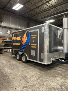A mobile boiler trailer for emergency steam and hot water rentals from CH McGuiness Co. Inc. in Des Moines, IA.