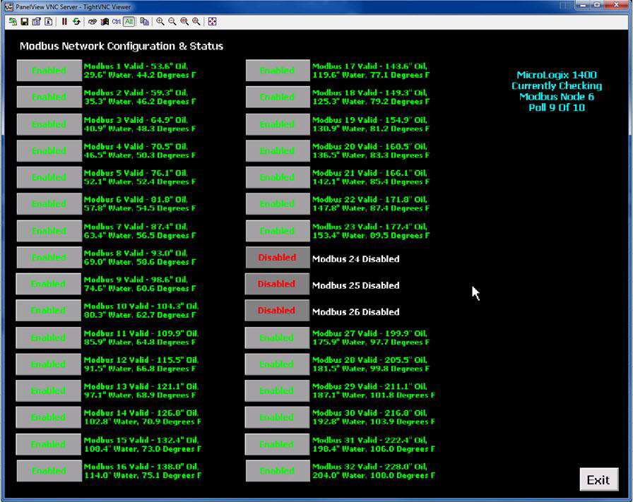 A display showing Modbus network configuration and status for industrial automation by Browning Electric Company Inc. in Gillette, WY