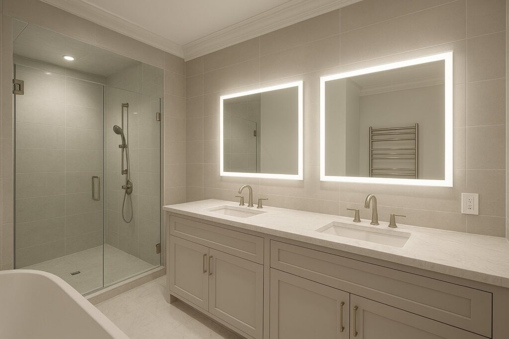 A modern bathroom with illuminated mirrors and recessed lighting installed by ILIC Electric in Chicago, IL.