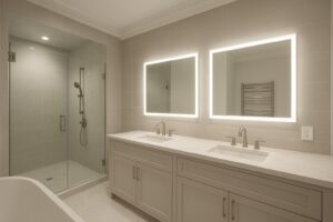 A modern bathroom with illuminated mirrors and recessed lighting installed by ILIC Electric in Chicago, IL.