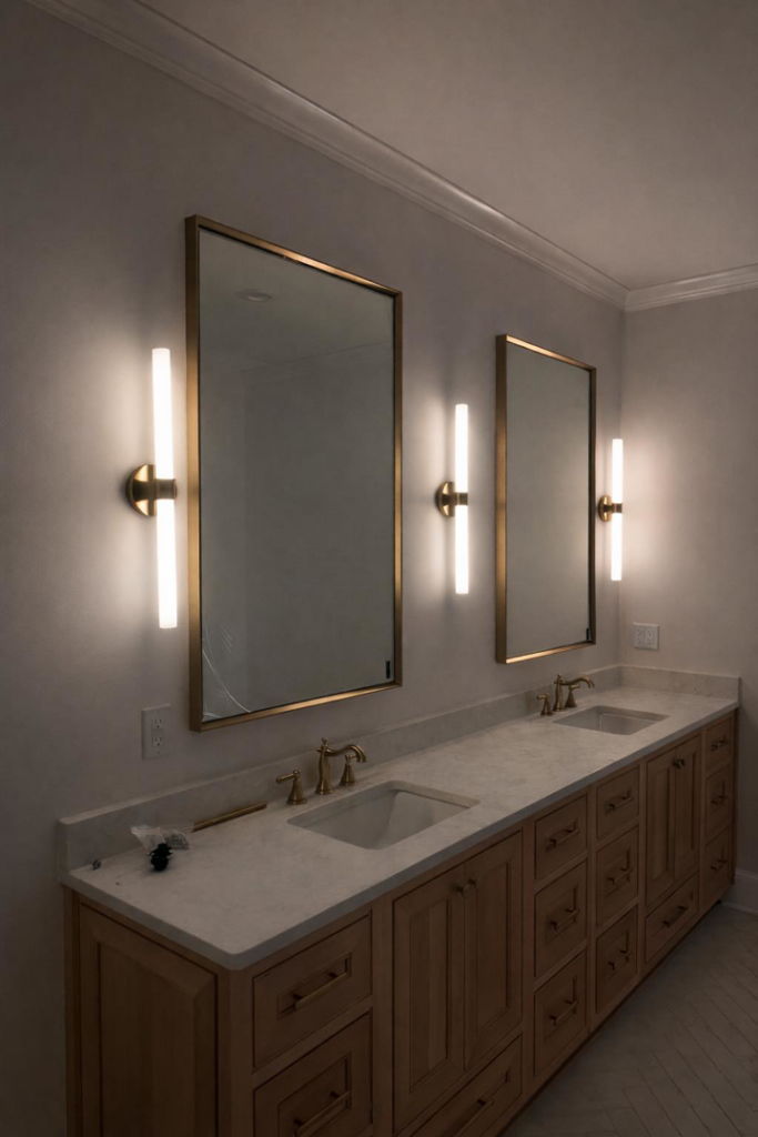 Modern vertical light fixtures installed above a bathroom vanity by Brian Jackson Electrical Service LLC in Sadler, TX