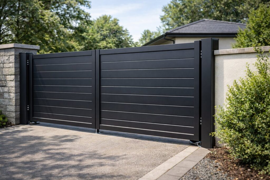 A modern black horizontal slat driveway gate, expertly installed by Coastline Gate Repair in Los Angeles, CA.