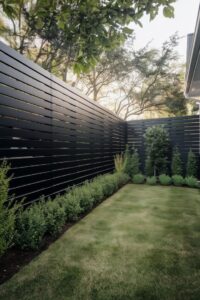 A modern black horizontal slat fence installed in a residential backyard by Discount Fence Supply in Great Falls, SC.