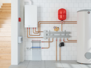 A modern boiler and heating system installation with copper piping by Affordable Heating & Cooling LLC in Olathe, KS.