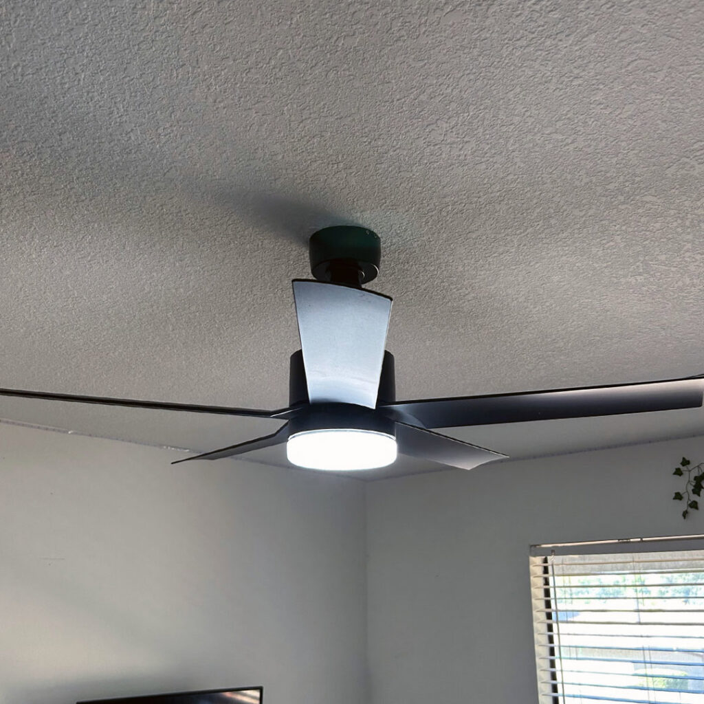 A modern ceiling fan with integrated LED lighting installed by Fuse Service HVAC & Electrical Sacramento, CA