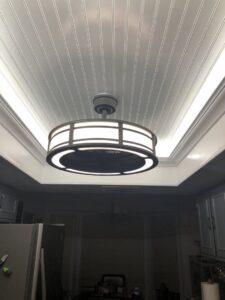 A modern ceiling fan with integrated LED lighting installed in a kitchen by Calvert Electrical Service in San Antonio, TX