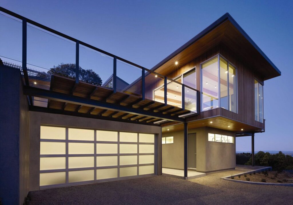 A modern frosted glass garage door installed on a contemporary home by Overhead Door Company of Salem in Salem, OR.