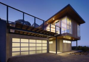 A modern frosted glass garage door installed on a contemporary home by Overhead Door Company of Salem in Salem, OR.