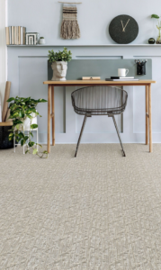 A modern home office featuring newly installed light patterned carpet by 180 Degree Floors in Nashville, TN.